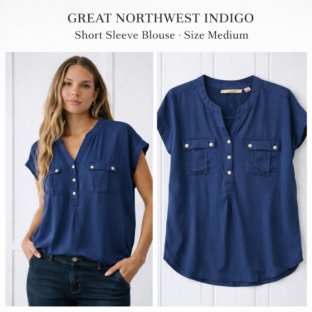 Great Northwest Indigo Blue Rayon Blouse Size M | Short Sleeve Button Front Top